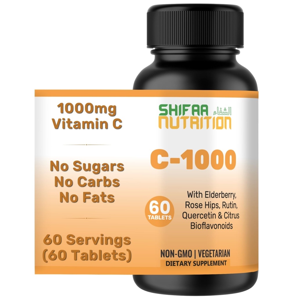 SHIFAA NUTRITION HALAL Vitamin C- 1000mg tablety, 60 dní dodávky. Imunitní podpůrný dodatek s vitamínem C, Elderberry, Quercetin, Rose HIPS & Rutin. Vegetariánské, non-GMO, cukr zdarma a Keto Friendly