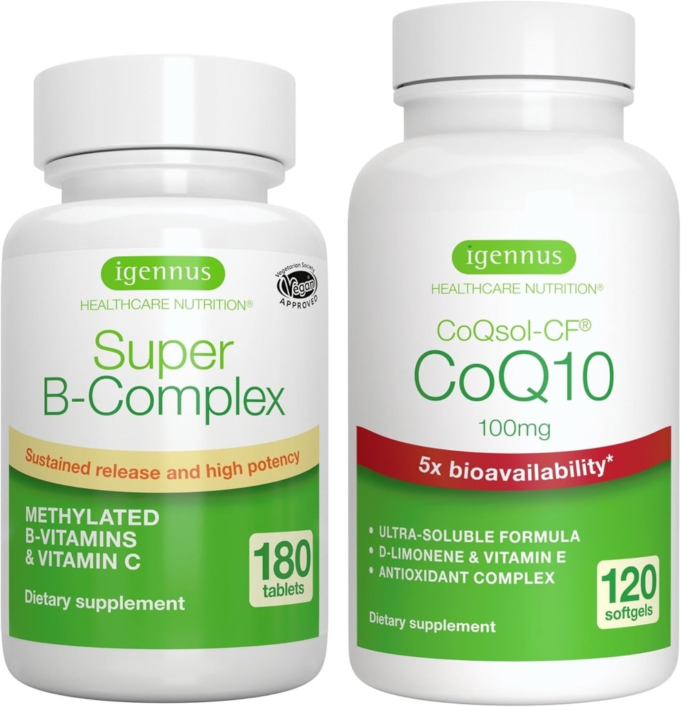 Super B- Complex 180 Tablet + High Absorption CoQ10 100mg 120 Softgels Energy Bundle, Methyled Setrvalá release B Complex + CoQ10 with Vitamin E & D- Limonene, by Igennus