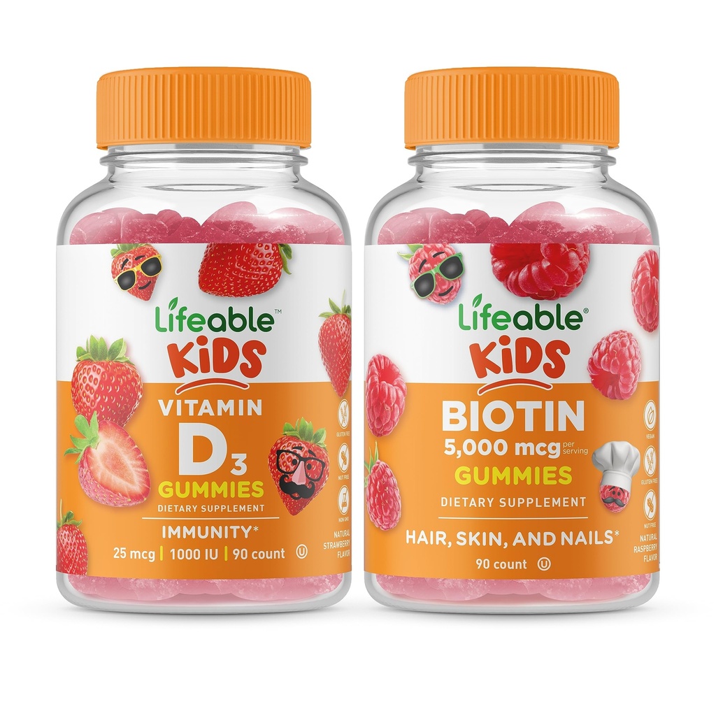 Živý vitamín D děti + Biotin děti, Gummies Bundle - Velký přípitek, doplněk vitamínu, gluten zdarma, GMO zdarma, Žvýkací žlab