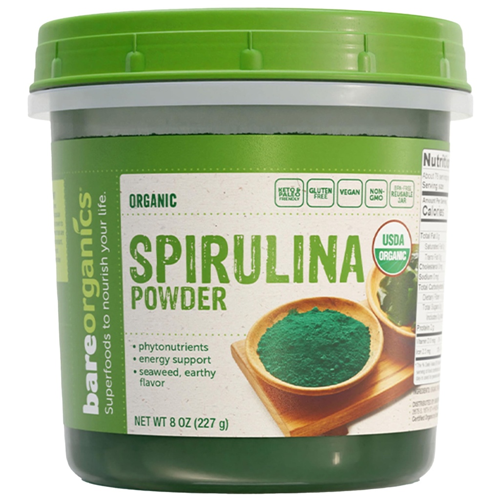 BareOrganics Spirulina Powder - Organic Superfood Powder - Vegan, Non- GMO, gluten- Free - High Protein, Antioxidant- Rich for Smoothies, Juices, Shakes & Daily Wellness, 8 Oz