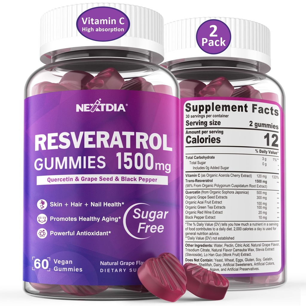 Resveratrol dodatek 1500mg - Resveratrol Gummies podporuje NAD γ, NMN & NMNH Synergie, s Quercetin, Grape Seed, Acai Berries Extracts for Antioxidant, Zdravé stárnutí & dlouhověkost, kůže, mozek - 2Pcs