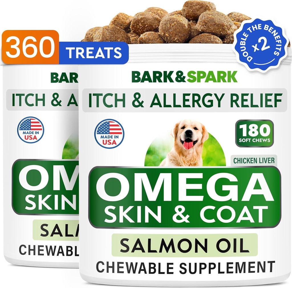 BARK & SPARK (Balení 2 Omega 3 pro psy - 360 Fish Oil Chews for Dog Shedding, Kožní alergie, Itch Relief, Hot Spots Treatment - Joint Health - Kůže & Coat Supplement - EPA & DHA mastné kyseliny