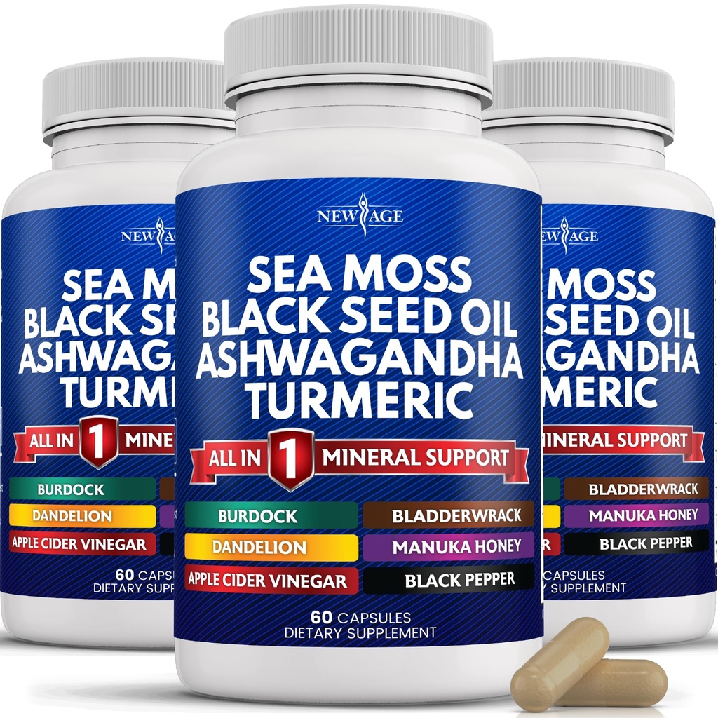 NEW AGE Silica Sea Moss, Black Seed Oil, Ashwagandha, Turmeric, Bladderwrack, Burdock - s Manukou, Honey Dandelion, ACV Black Pepper gluten zdarma