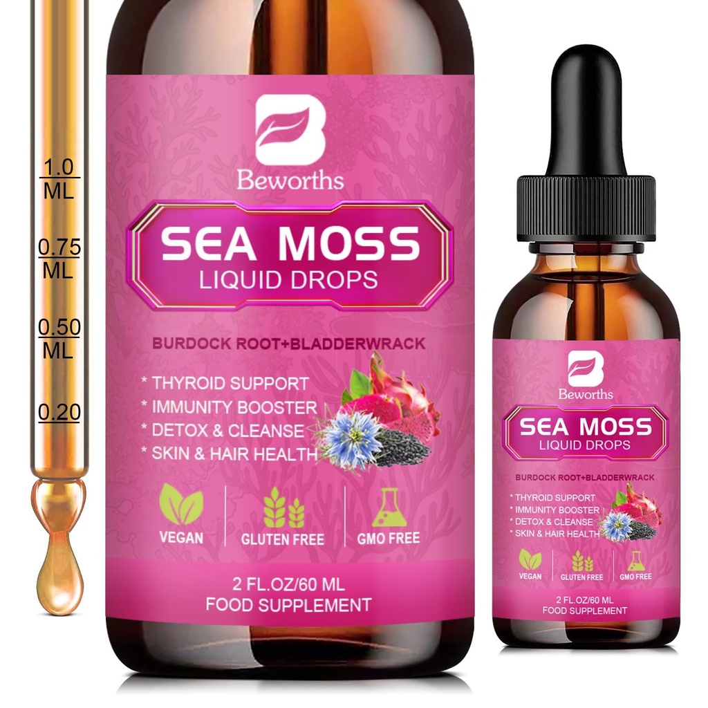 Sea Moss Liquid Drops - Organic Black Seed Oil Irish Sea Moss gel s Burdock Root, Bladderwrack, Elderberry, Vitamin C, D3, 6X Silnější Seamoss Gel pro stravovací, zdraví vlasů - Vegan