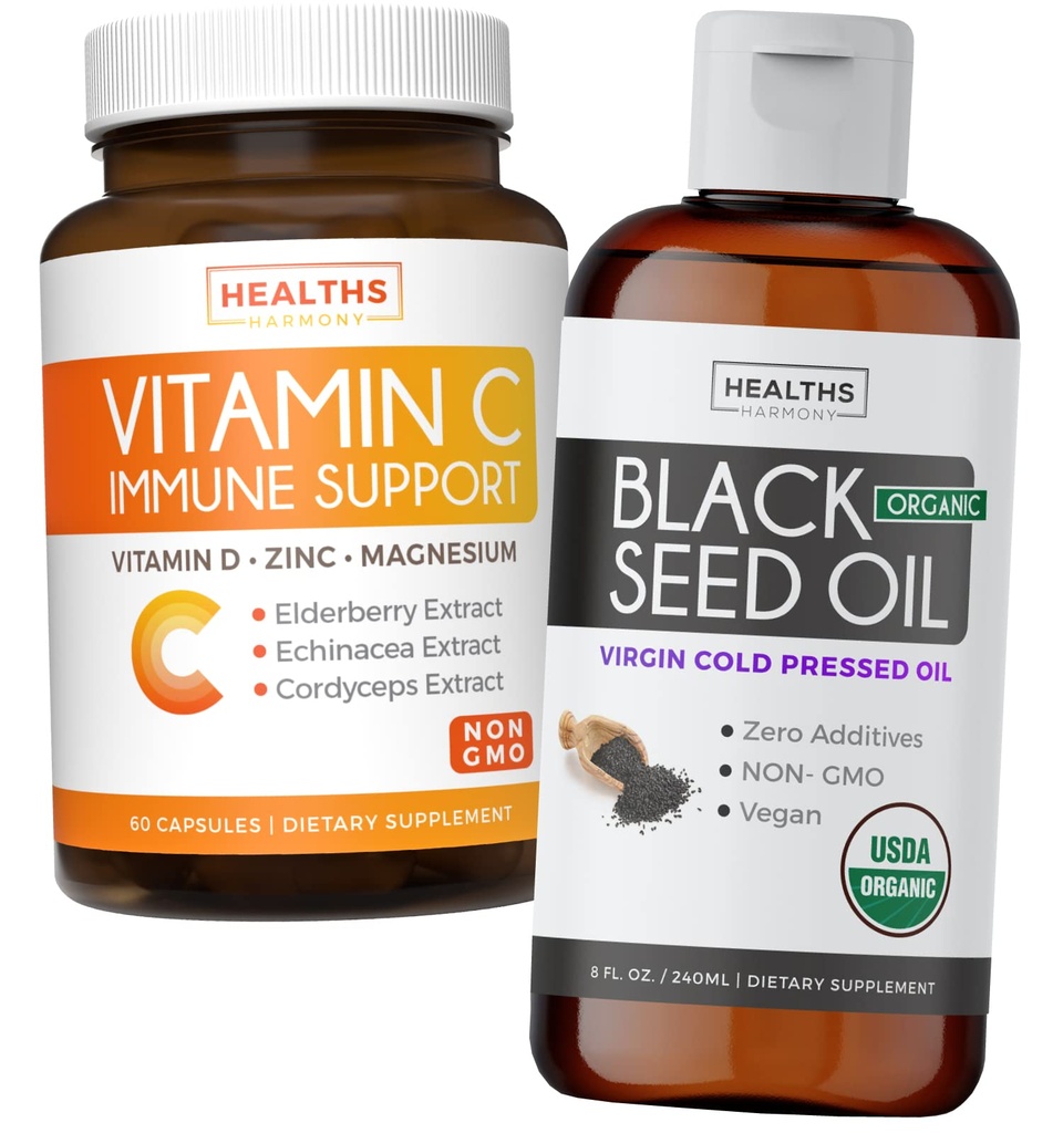 Balení černého oleje kapalného a vitaminu C - Imunitní Fusion Booster Pack - Organic Black Seed Oil Liquid (8fl oz) Premium Cold- Pressed Nigella Sativa & Vitamin C Imunitní podpora (Non- GMO) (60 Kapsle)