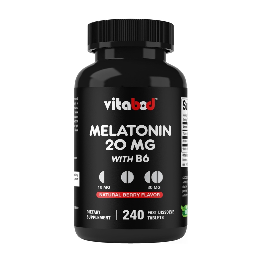 Vitabod Melatonin 20 mg - 240 tablet s rychlým rozkladem - bez drog - přírodní bobulové aroma - Vegetarián, Non- GMO, gluten Free 240 Počet (Balení po 1) (240 Počet po 1)