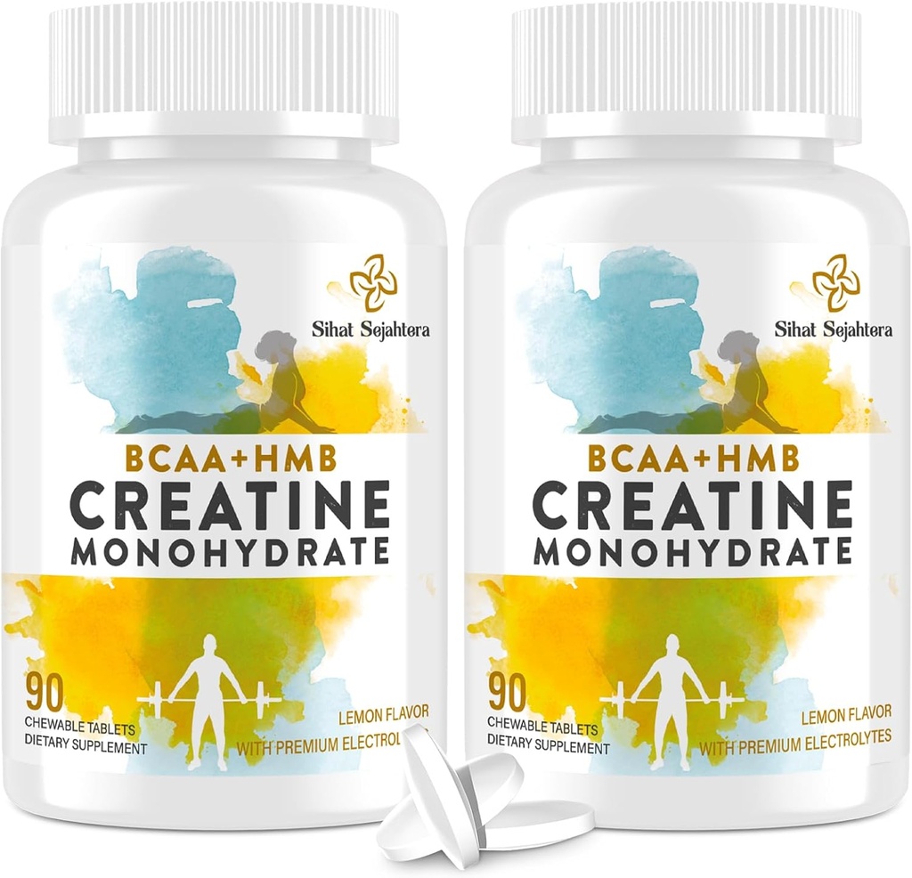 8- in-1 Creatin Monohydrát s BCAA & HMB, 5000 mg pro muže a ženy, Creatine Chews for Muscle, Recovery, Endurance & Strength, High Absorpce, Lemon Flavor, Sugar- Free, 180 Tablety