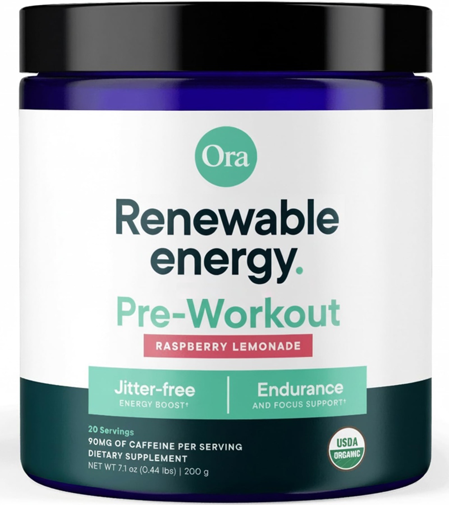 Ora Organic Natural Pre Workout Powder - Malina Lemonade Flavor- Poskytuje Jitter Free Energy, Focus, Hydration, & Endurance - Vegan, Certified Organic, Soy, Dairy, & Gluten Free, 20 Služeb
