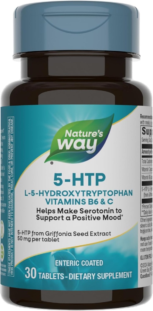 Nature 's Way 5-HTP, L-5-Hydroxytryptofan, Napomáhá Serotoninu podporovat pozitivní vzhled *, Vitamin B6, Vitamin C, Griffonia Bean Extract, 30 Tablety (Balení květen Vary)