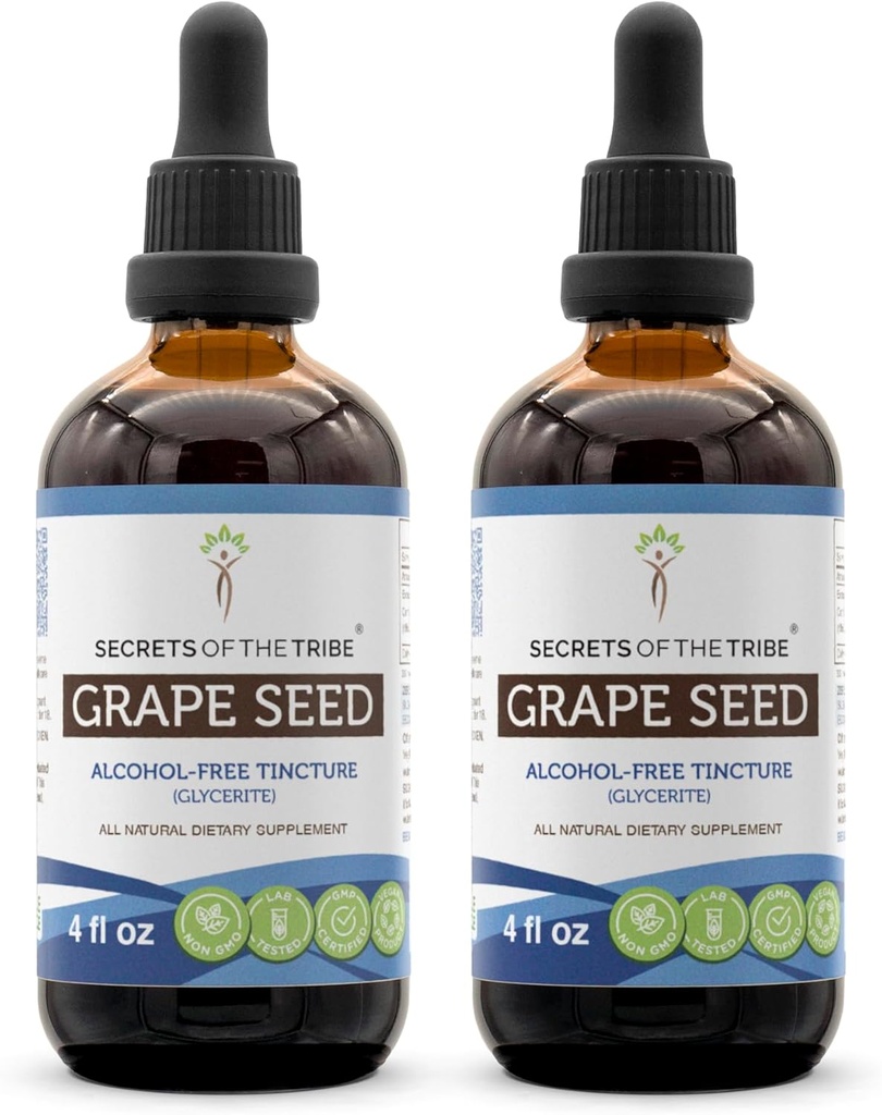 Tajemství Tribe Grape Seed Tincture Alcohol- Free Liquid Extract, Grape (Vitis Vinifera) Sušené semeno (2x4 FL OZ)