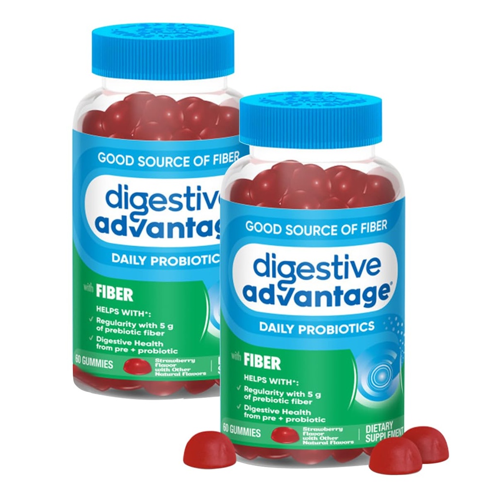 Stravovací výhoda Prebiotický Fiber dodatek Jahodové ochucené gumy s probiotika pro ženy a muže Stravovací zdraví, Dospělí Regularita a Gut zdraví, 60 Počet (2 Pack)