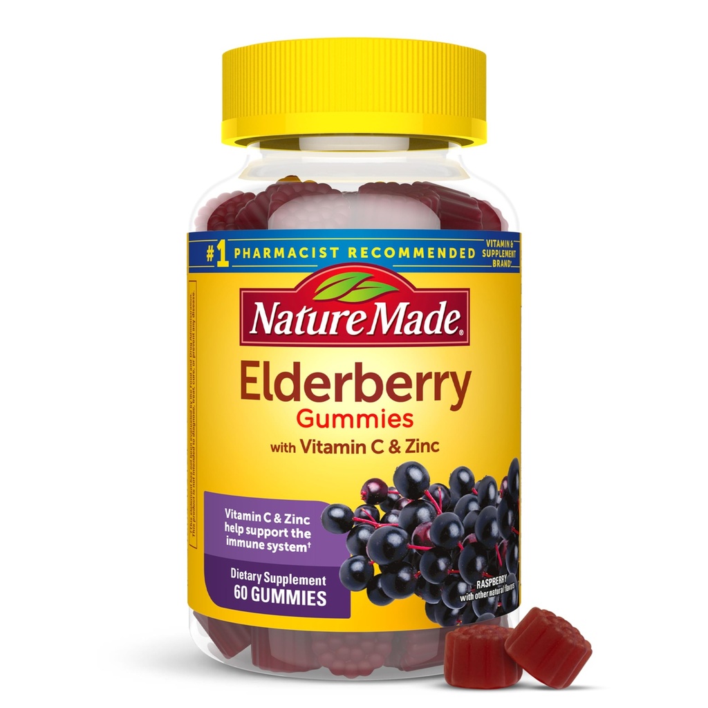 Nature Made Elderberry s vitamínem C a zinkem, Dietní dodatek pro imunitní podporu, 60 Elderberry Gummies, 30 Day Supply