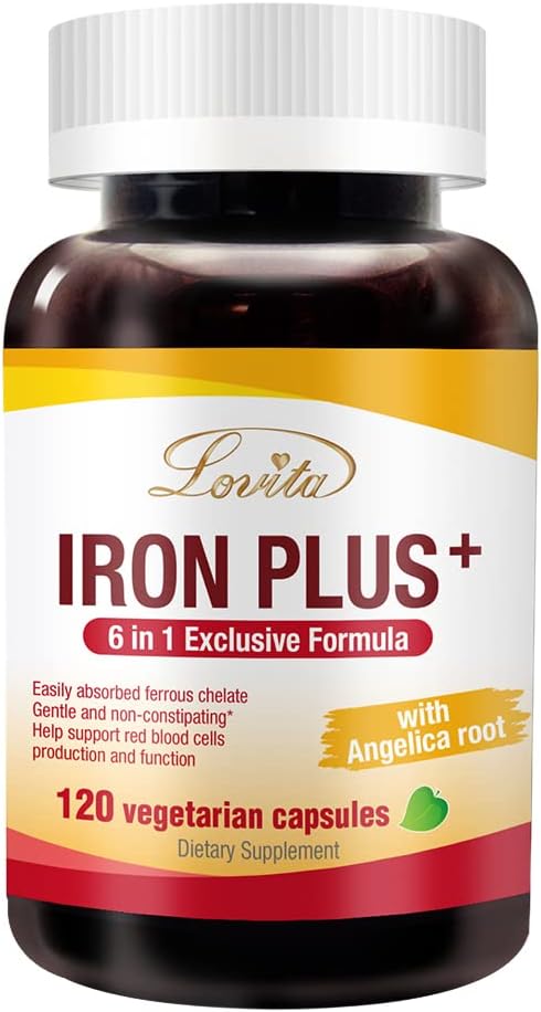 Lovita Iron 18 mg, 6 v 1 doplněk železa pro ženy, Vitamin C, Dong Quai & B12, Vegan Vitamin na podporu výroby červených krvinek bez zácpy, 120 Kapsle