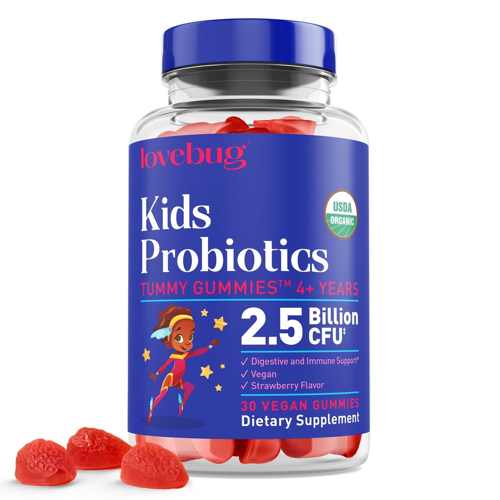 LOVEBUG Děti Probiotické gumy - Organic Chewable Probiotics for Kids Aged 4 +, Soil-based Children 's Probiotic for Gut Health, Zácpa, Digestive & Imunitation Support, Vegan, 30 Chews, Jahoda