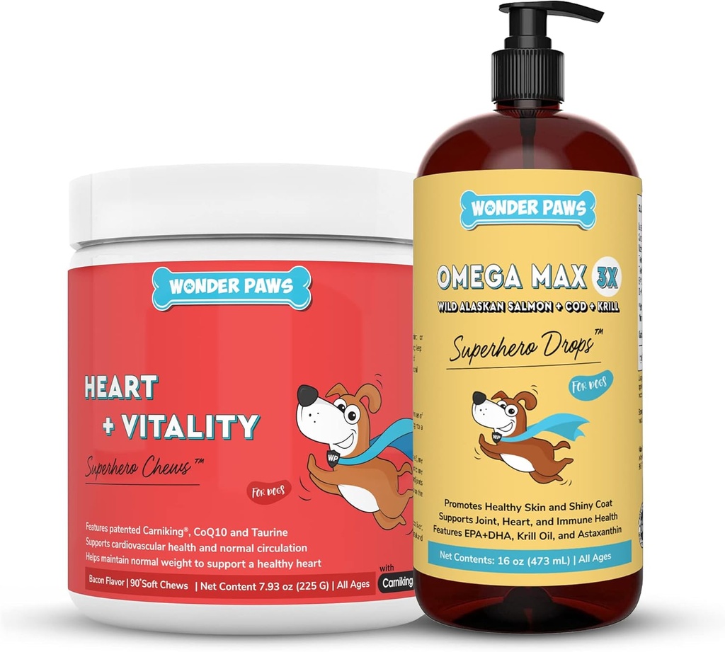 WONDER PAWS Srdce + Vitality Superhrdina Žvýkačky Plus Omega Max Fish Oil - pro psy Srdce zdraví, kůže a společná péče a imunitní podpora - Srdce + Vitalita 90 Žvýkačky - Omega Max 16 Ounces