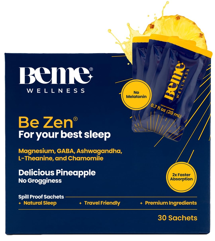 BeMe BeZen Doplněk pro spánkovou pomoc přírodní bez melatoninu - 2X Absorpce než pilulky - Spánkové pomůcky pro dospělé s hořčíkem, Ashwagandha, Heřmánek, L- Theanine & GABA - Delicious Ananas