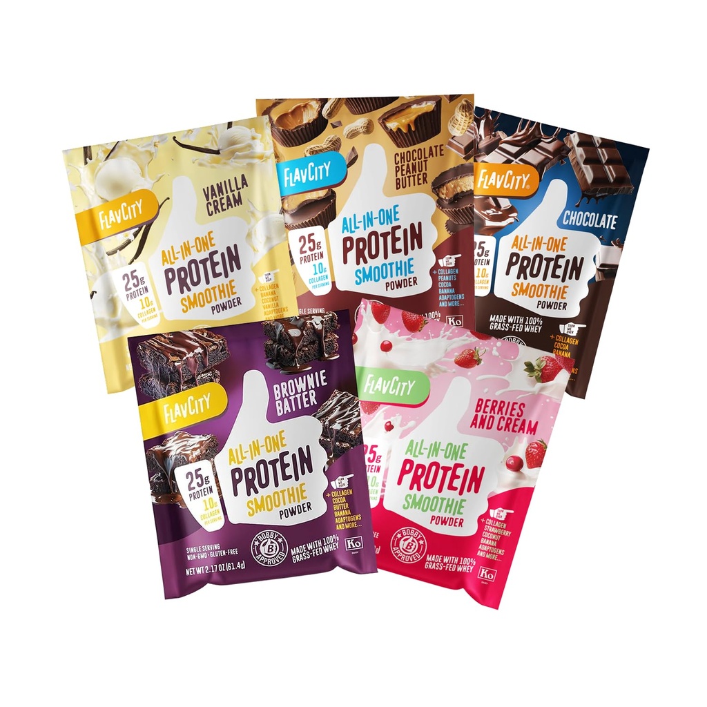 FlavCity All in One Protein Shake Powder Packets - On the Go Meal Alternative + 25g Protein & 10g Collagen, Made with Organic Reishi & Cordyceps Houbová - No Add Sugars, Variety 10 Pack