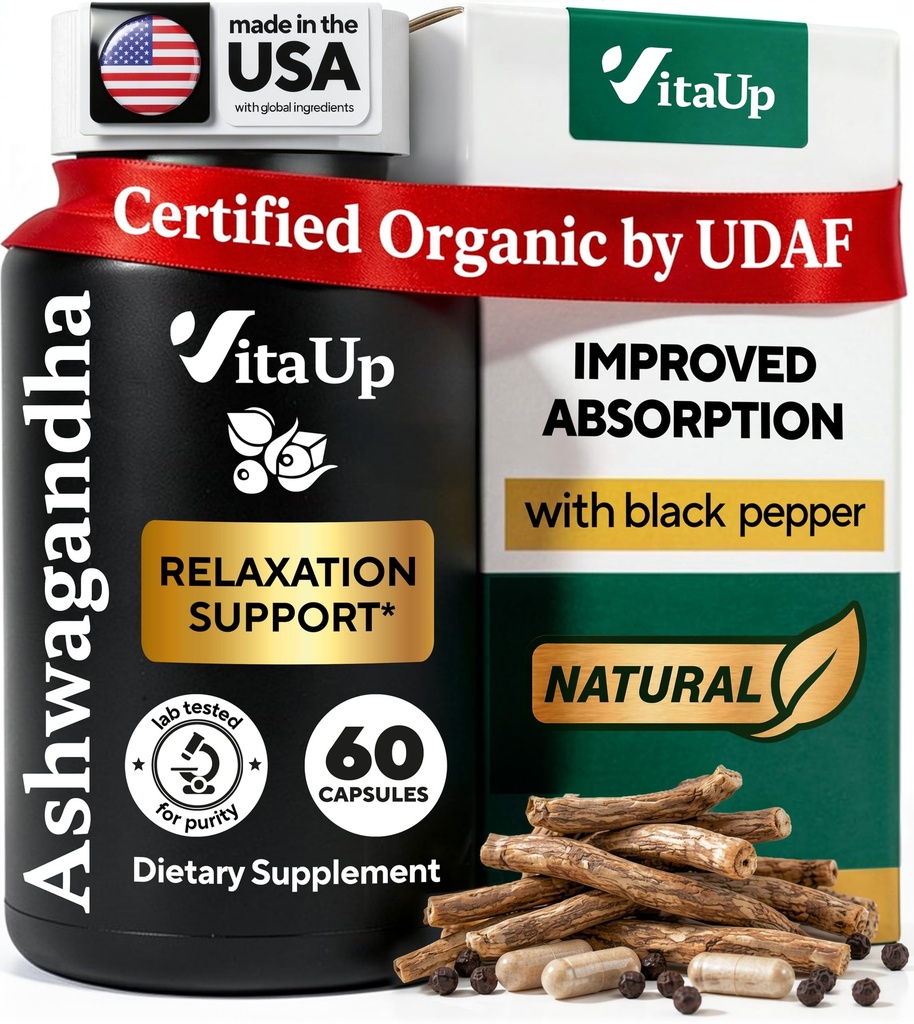 Ashwagandha Kapsle 1310mg s Black Pepper - USA Made Ashwagandha doplňky pro relaxační podporu, normální kognitivní funkce a vyrovnané energetické hladiny - 60 Caps