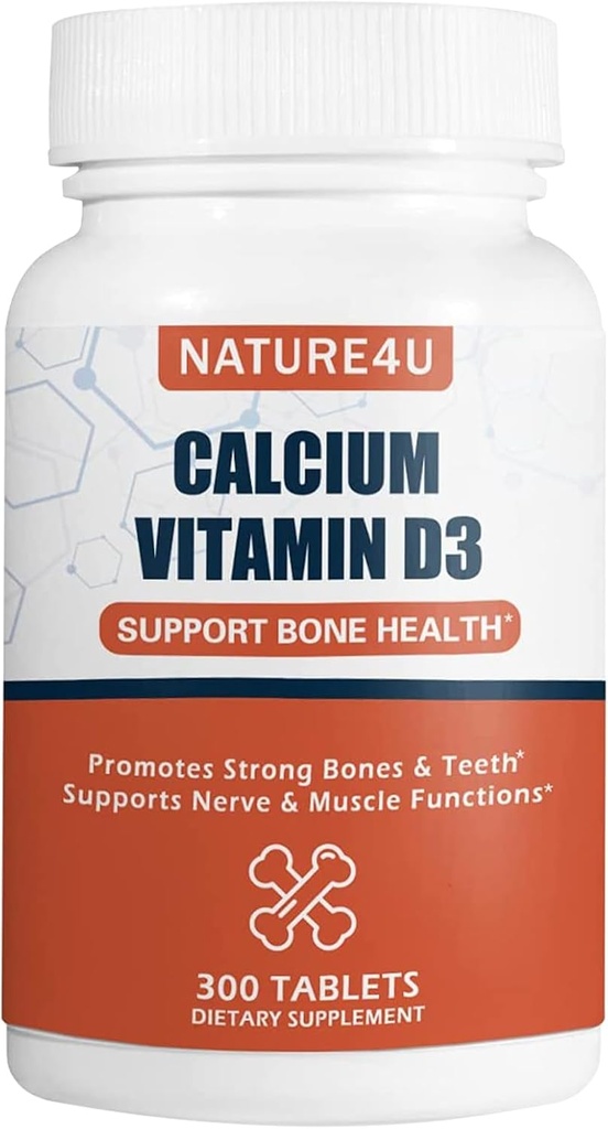 Vápník 1000 mg s vitaminem D3, Kostní doplněk pro zdraví dospělých, Podpora Muscel Nerve Zdraví a absorpce vápníku, 300 Tablet