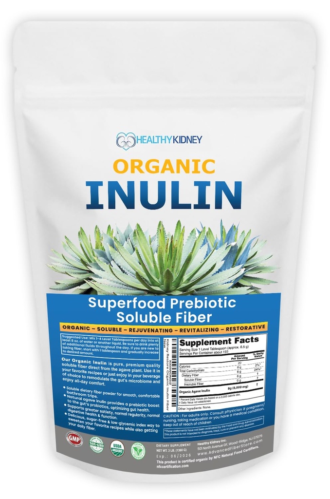Organic Inulin Powder (48oz / 3 lbs) Gentle Agave Prebiotic Soluble Fiber Supplementary for Digestive Supplementary, Gut Health, Vegan Baking, Smoothies & Drinks