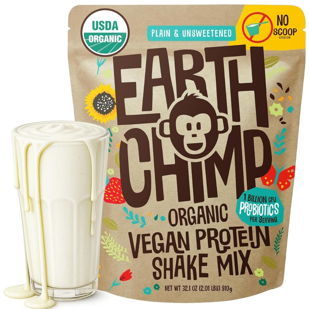 Zemní Chimp Organic Vegan Protein Powder - s probiotiky - Non GMO, mléčné výrobky zdarma, nesyrovátka, rostlinné bílkoviny prášek pro ženy a muže, gluten zdarma - 26 Služeb 32 Oz (Plain & Neslazené) No Scoop
