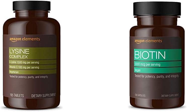 Prvky Lysinový komplex s vitaminem C (1500 mg L- lysin se 100 mg vitaminu C na jedno podání - 3 tablety), podporuje imunitní zdraví, Vegetarián, 195 Počet (Balení se může lišit) a Prvky Vegan Biotin 5000 mcg - Vlasy, kůže, nehty, 130 Kapsle (4 měsíce dodávky) (Balení se může lišit)