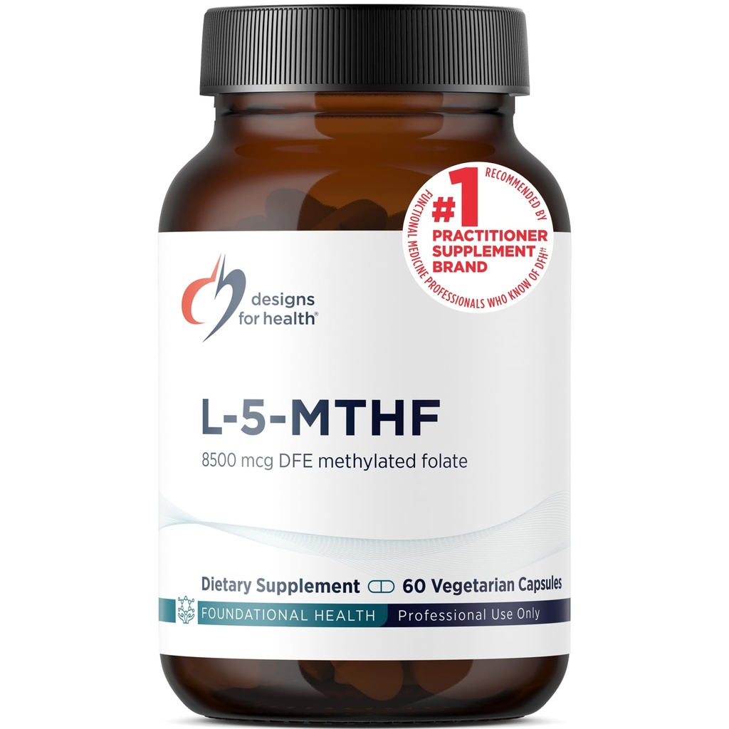 Designy pro zdraví L 5-MTHF - Quatrefolární L Methylfolát dodatek 5mg (8500 DFE) - Methylovaný folát dodatek pro ženy a muže - Podporuje methylaci - Non- GMO, gluten zdarma (60 Kapsle)