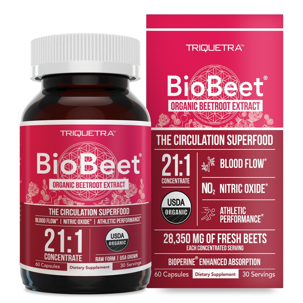 BioBeet ® Max Strength Beet Root Capsules - 21: 1 Koncentrát, Každá služba odvozená z 28,350 mg organického Beetroot - Absorpční vylepšení s BioPerine ® Black Pepper Extract (60 Kapsle)
