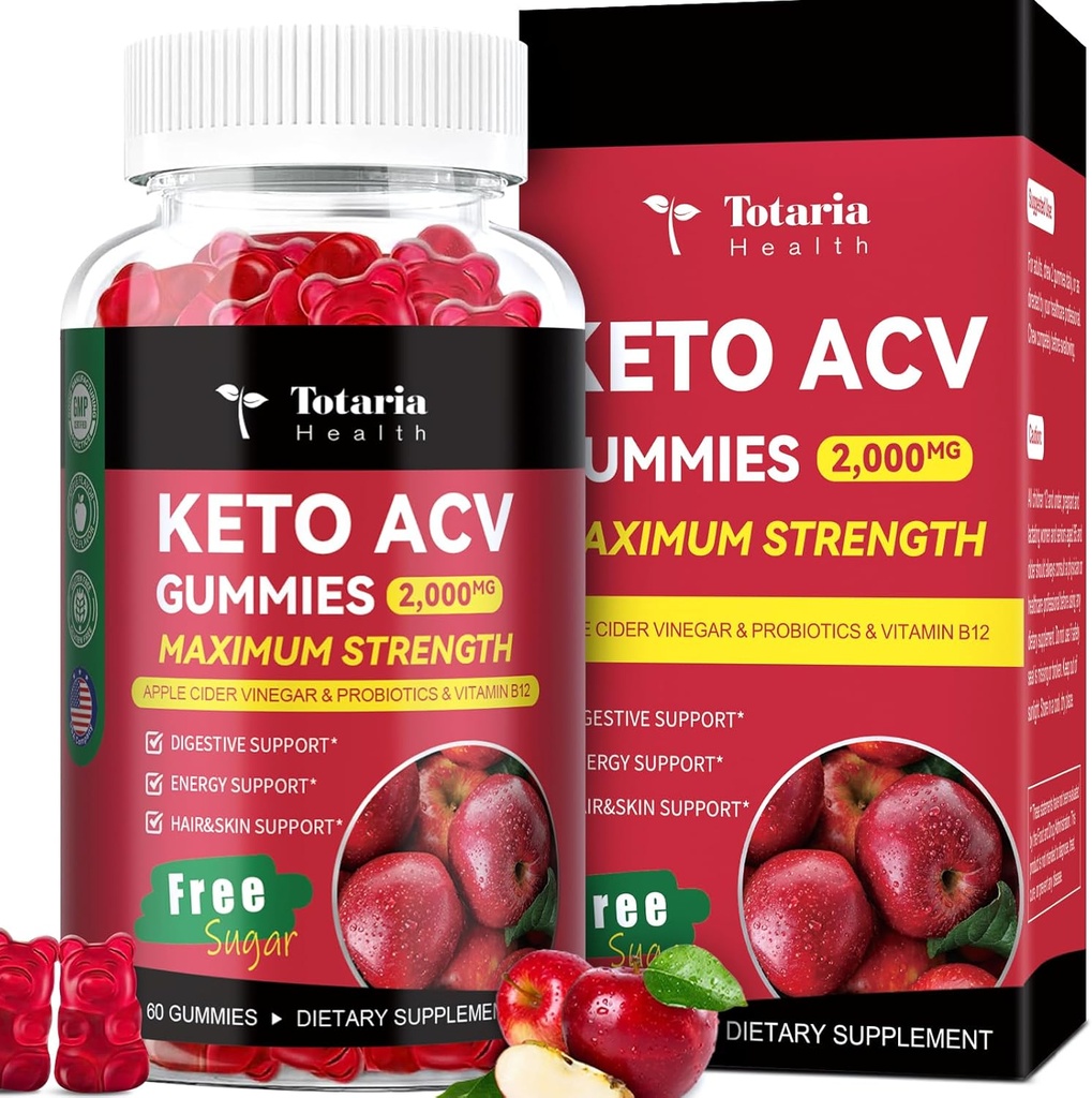 Totaria Keto ACV Gummies - 2000mg Apple Cider Ocet Gummies Sugar- Free Support Stature Health with Probiotics, B12, Keto doplňky pro ženy a muže, 60 Counts