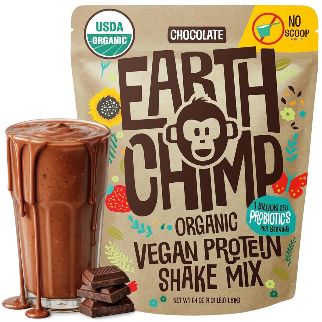 EarthChimp Organic Vegan Protein Powder - s probiotiky - Non GMO, mléčné výrobky zdarma, nesyrovátka, rostlinné bílkoviny prášek pro ženy a muže, gluten zdarma - 52 Služeb 64 Oz (Čokoláda) No Scoop