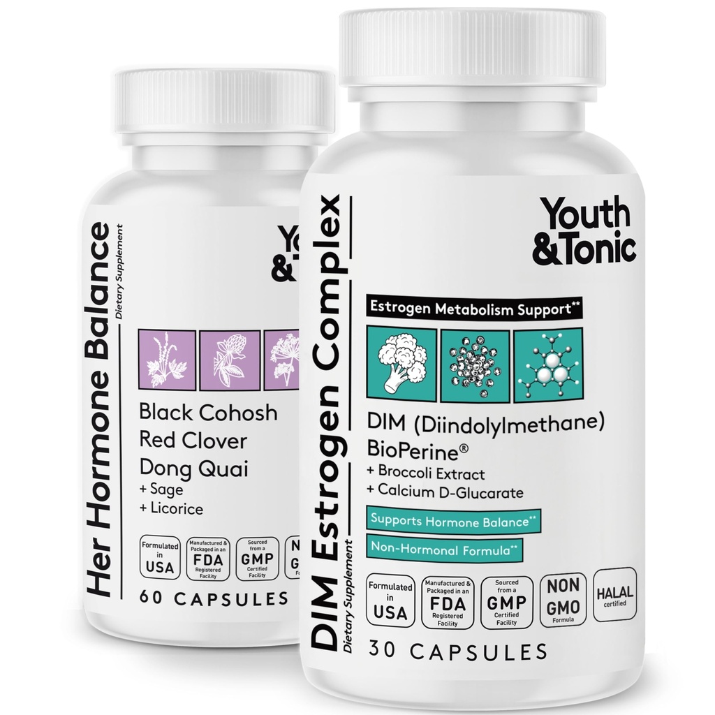 Mládež & Tonic Menopauza & PMS Podpora žen prostřednictvím vyváženého estrogenového metabolismu - 90 pilulky s DIM Black Cohosh Red Clover Dong Quai Soy Isoflavones