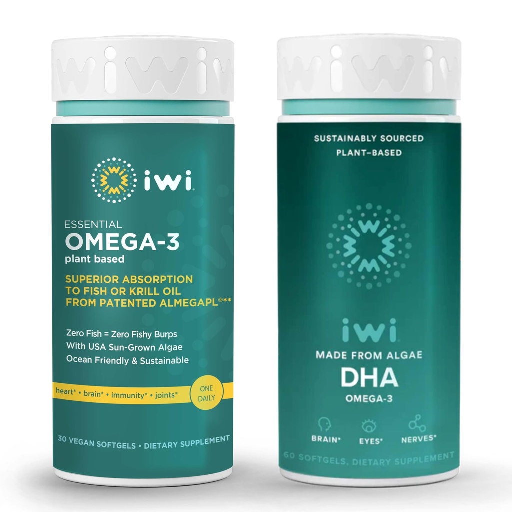 Iwi Omega33 Essential & DHA Omega33 Bundle, 30 Servings, Vegan Plant- Based Algae Omega 3, Krill & Fish Oil Alternative, No Fishy Aftertact
