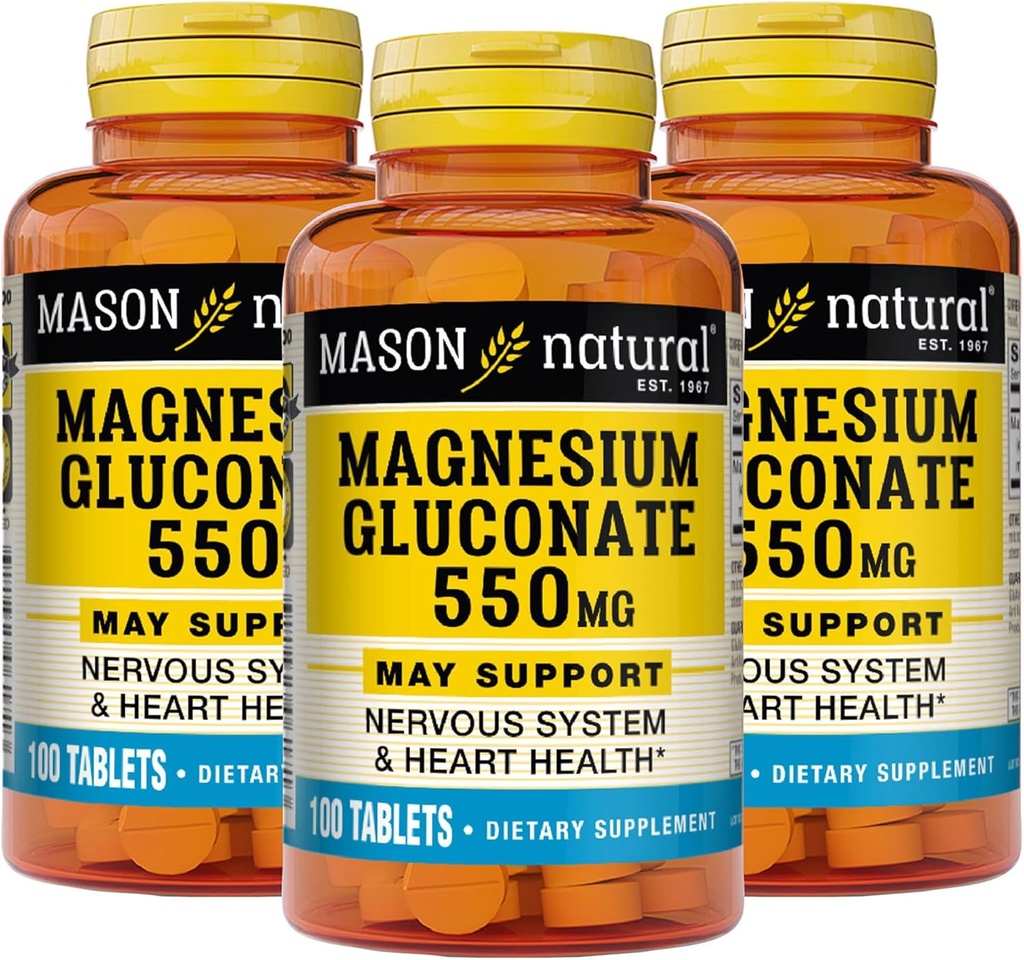 Mason Natural Magnesium Gluconate 550 mg, 300 denní zásoba pro normální zdravé srdce a podporu nervového systému, 100 tablet (balení po 3)