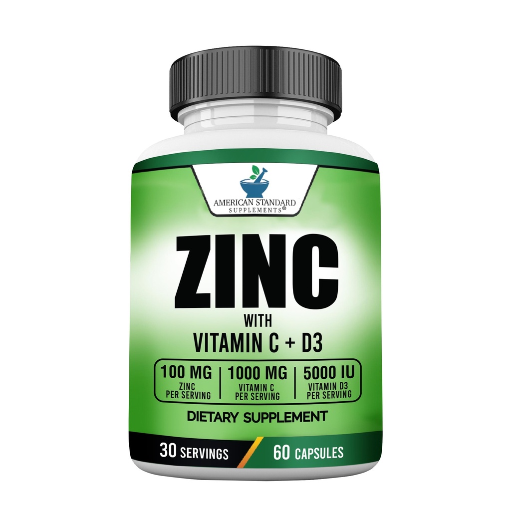 Americké standardní doplňky Zinek 100mg, Vitamin C 1000mg, a Vitamin D3 5000 IU (125mcg) per Serving - Gluten Free, Non- GMO, 60 Kapsle, 30 Služební