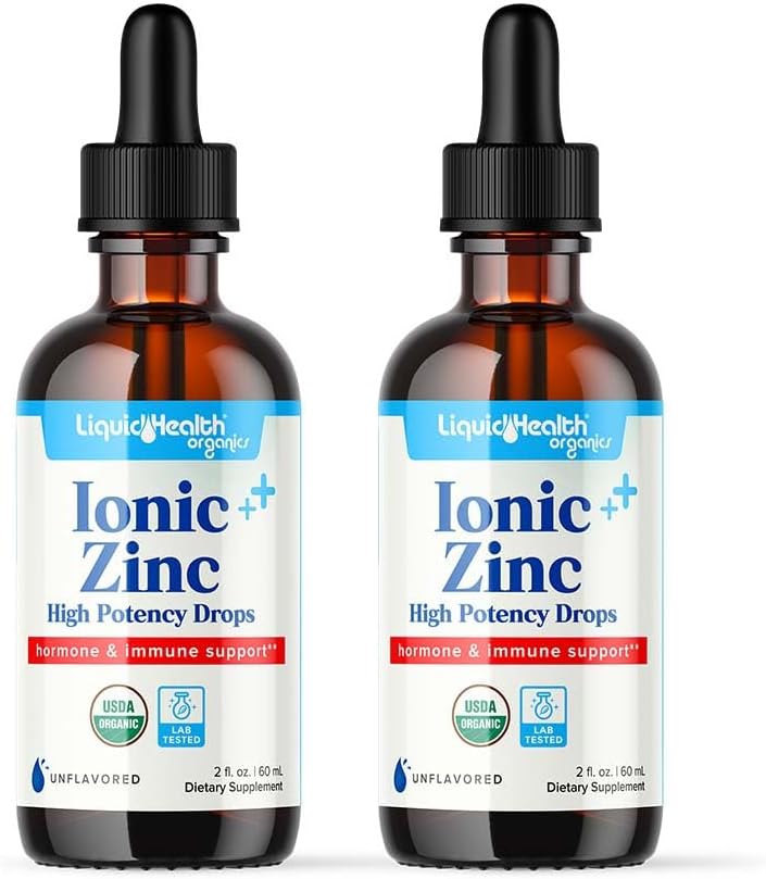 LIQUIDHEALTH USDA Organic Ionic Zinek High Potency Drops - Stopa Minerální tekutý vitamín dodatek pro dospělé, děti - imunitní a stravitelná podpora, kůže a zranění zdraví - USA Made, Vegan, Non- GMO (2 Pack)