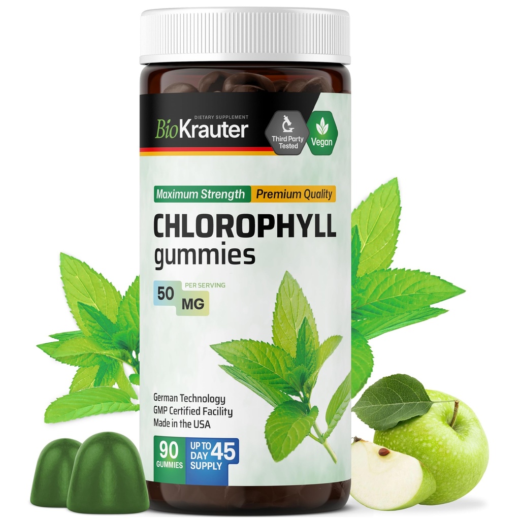 BIO KRAUTER Chlorofylové gumy - 90 Chews - Chlorofyl doplňky - Přírodní kůže & Detox Support - Vegan, Pectin based, Non- GMO Chews