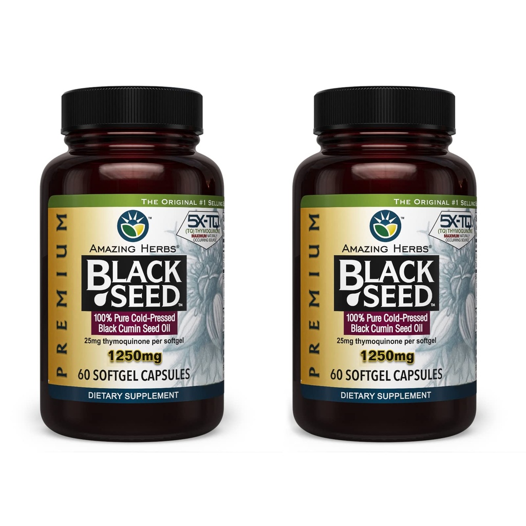 Úžasné Byliny Premium Black Seed Oil Kapsle - Vysoká potence, Cold Pressed Nigella Sativa AIDS v trávicím zdraví, imunitní podpora a funkce mozku - 60 Počet, 1250mg (Balení 2)