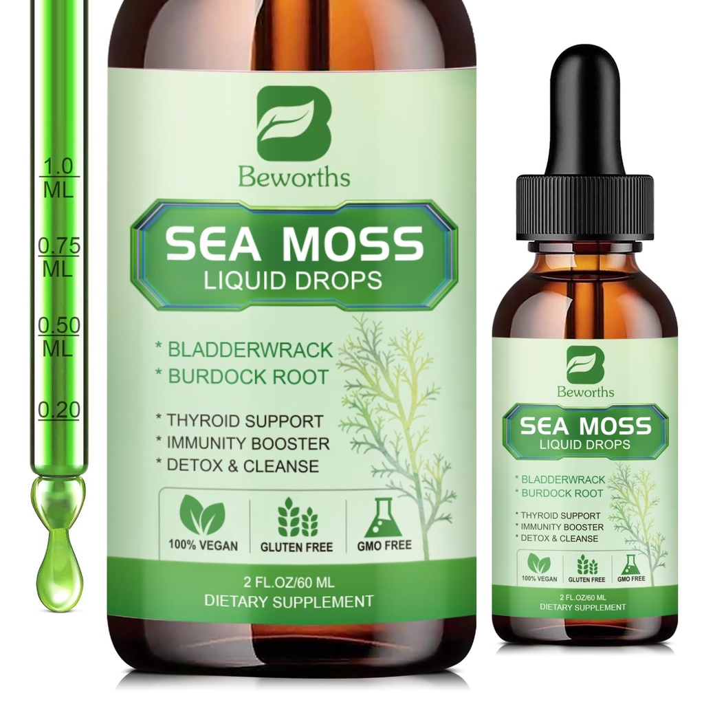 Sea Moss Liquid Drops - Organic Irish Moss Gel with Spirulina, Bladderwrack, Burdock Root, Seamoss Gel dodatek pro společné, Detox Cleanse & Digestion Support - 2 Fl Oz, Vegan