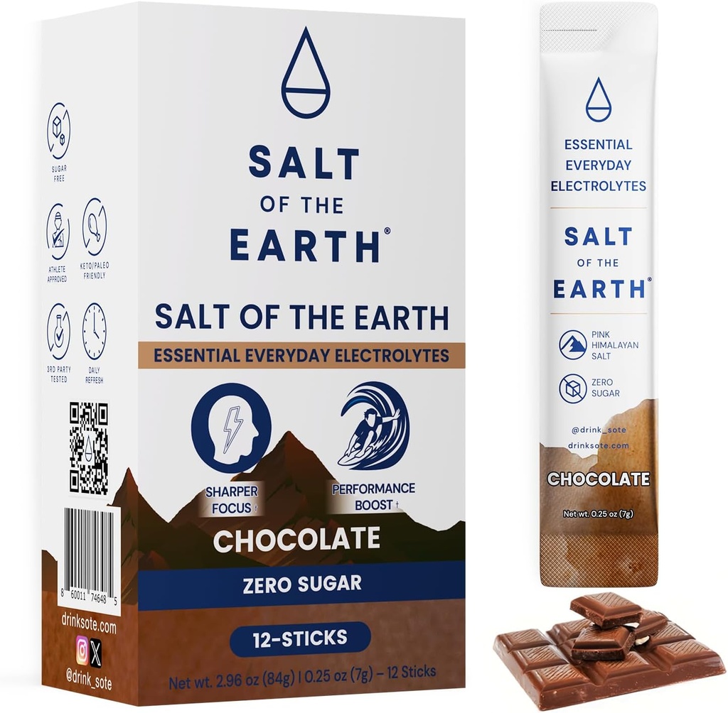 Sůl ze Země Premium Zero- Cukr Electrolyte - Vyrobeno z růžové himalájské soli - Hydration Powder Packets 124; Prémiové ingredience 124; Keto & Paleo Friendly French 124; 12 hůlek, čokoláda