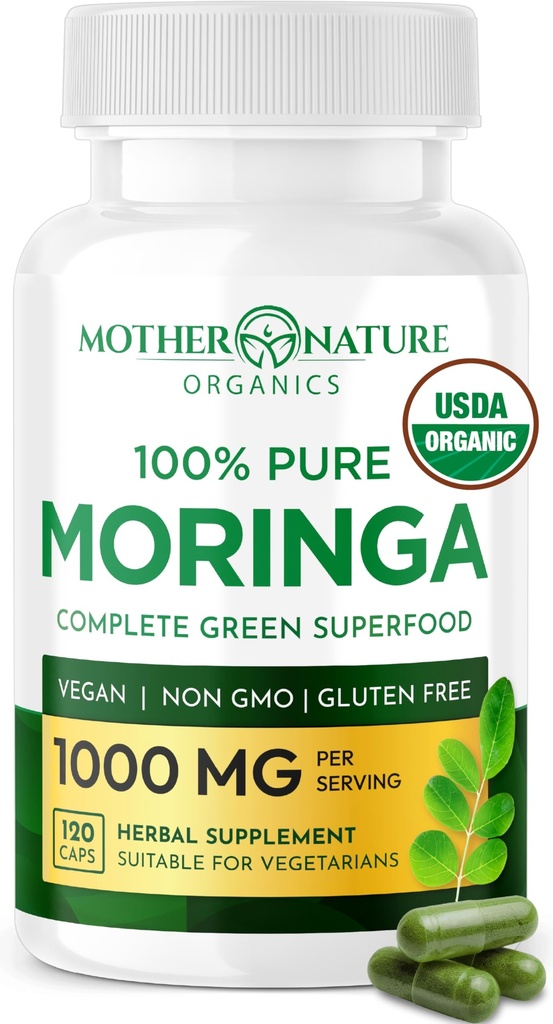 Matky Příroda Organics Moringa Kapsle - Organic Moringa Leaf Powder, Jednotný původ, Energie a imunitní podpora, Metabolismus, Zaměření, Vitamin C - Vegan, 500mg, 120 Kapsle