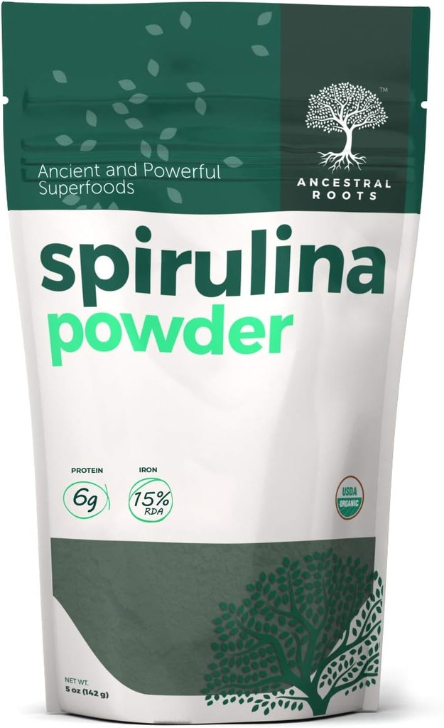 Ancestral Roots - Organic Spirulina Powder (5 oz) USDA Certified Vegan Spirulina Powder I 100% Čisté Superfood pro optimální zdraví a imunitní podporu.