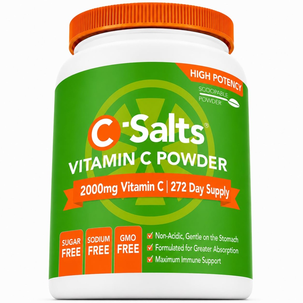 C-Salts Vitamin C Powder Supplement - 100% čisté vysoké dávky Buffered Vitamin C Prášek pro imunitní podporu - Organic, Sugar- Free, Vegan, Non- GMO, Stomach- Friendly, Original 26 oz