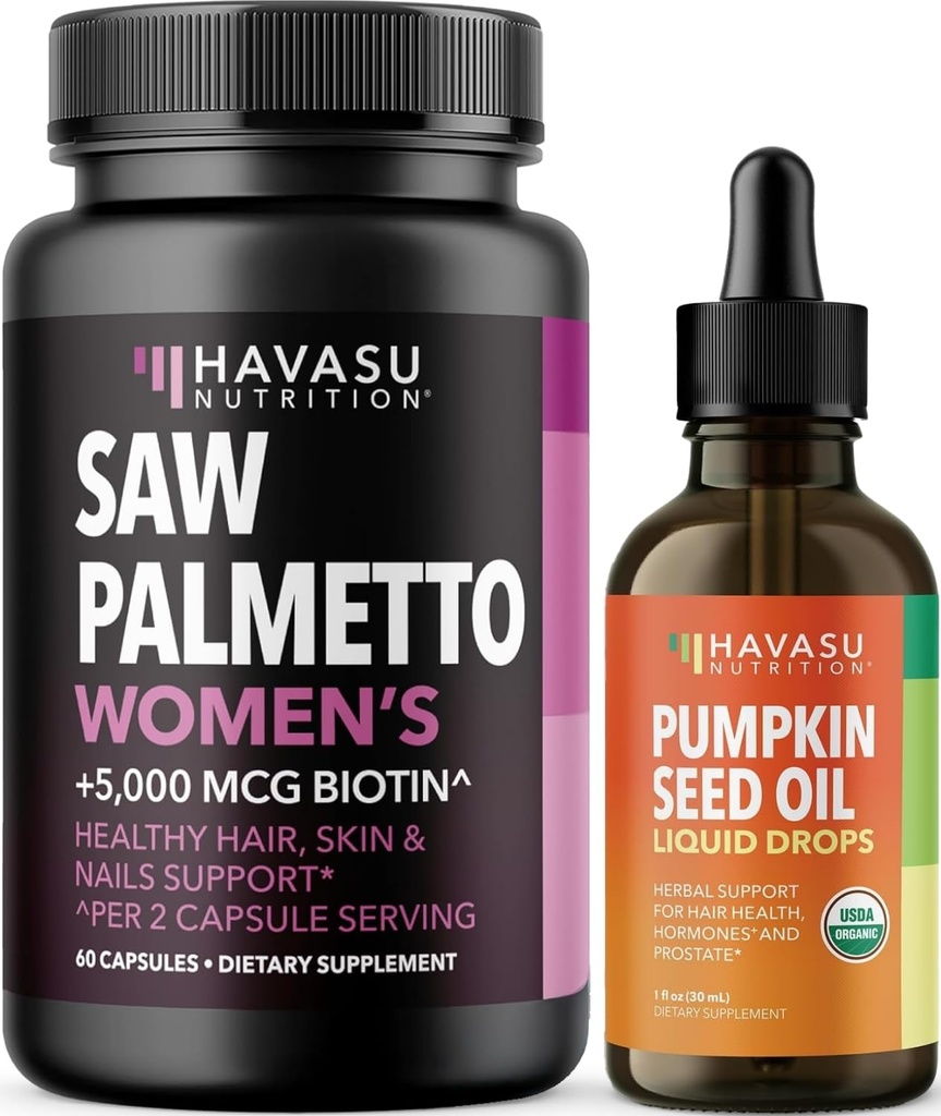 HAVASU NUTRITION USDA Organic Pumpkin Seed Oil Drops (60 Servings) & Saw Palmetto pro ženy vlasový komplex (30 Servings)