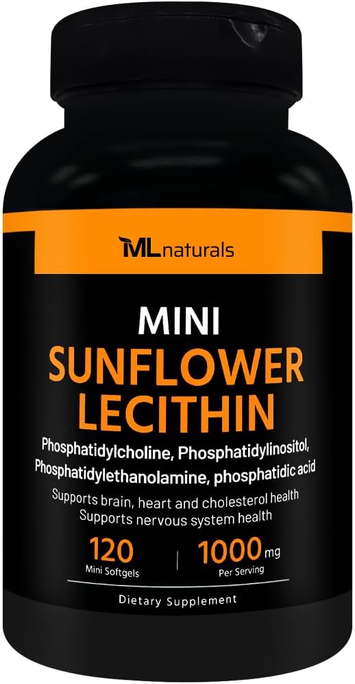 ML Naturals Mini slunečnice Lecithin 1000 mg 120 Softgels, snadné polykat, podporuje zdraví mozku. Non- GMO, NSF- Certified & cGMP-Compliant