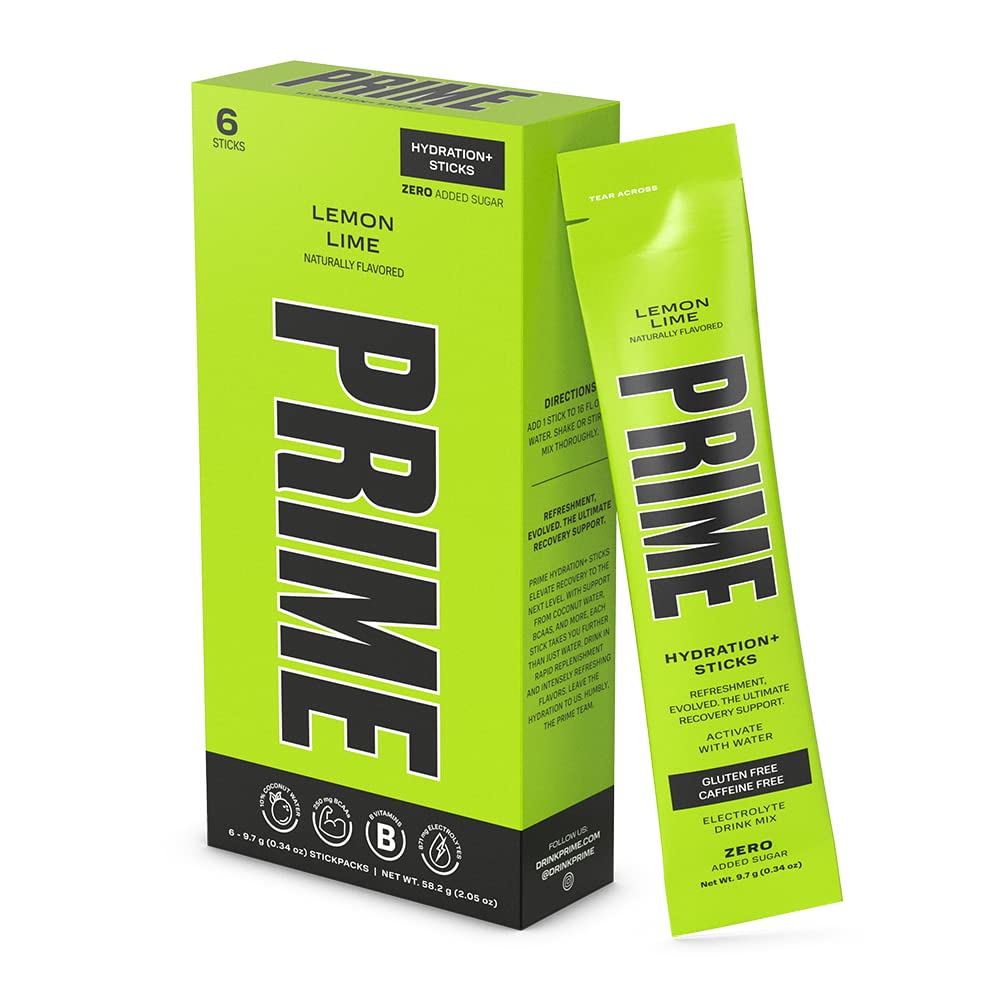 PRIME HYDRATION + Sticks Lemon Lime PHAR124; Hydration Powder Single Serve Sticks PHAR124; Electrolyte Powder On The Go GAR124; Low Sugar PHAR124; Caffeine- Free PHAR124; Vegan GAR124; 6 Sticks