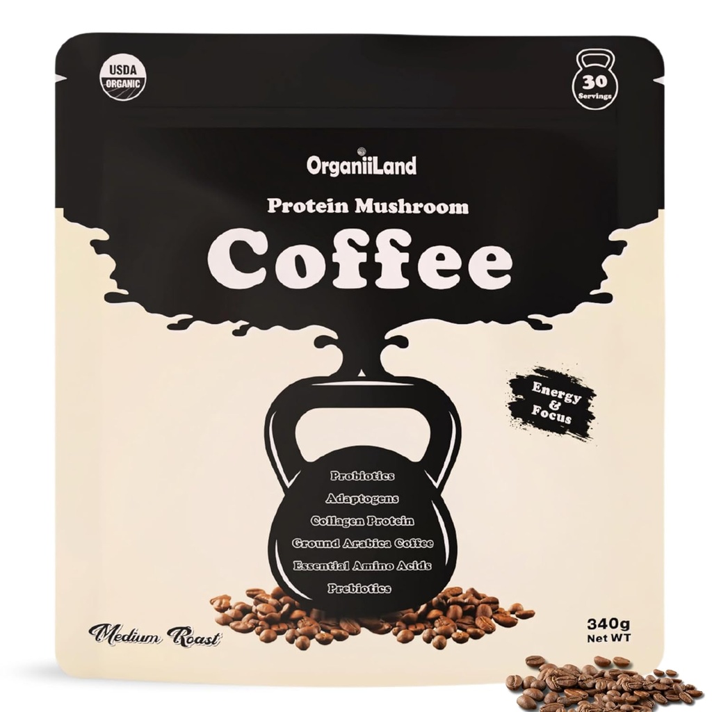 Protein Houba Káva od OrganiiLand 124; Ground Coffee with Collagen, Lion 's Mane, Chaga, Turkey Tail, Reishi, Maitake, L-Theanine Categ124; Focus, Energy, Imunity, and Digestion Category 124; 30 Serings