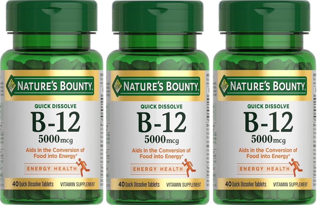 Nature 's Bounty Vitamin B-12 5000 mcg, 40 Quick Disolt Tablety (Balení po 3)