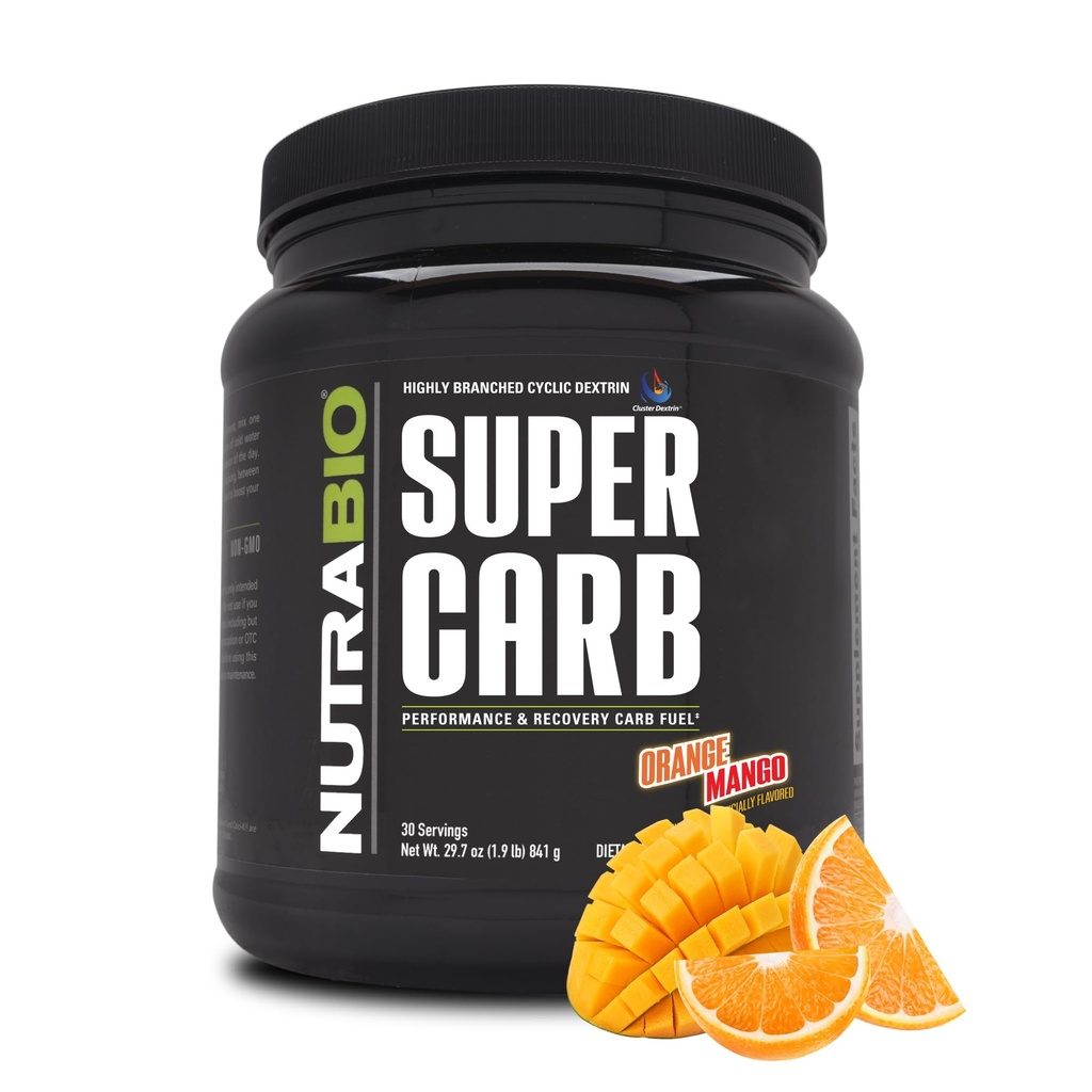 NutraBio Super Carb, Karbohydrát prášek s Cluster Dextrin & Electrolytes, Advanced Carb dodatek prášek pro cvičení paliva, výkon, a svalové zotavení, Cyclic Dextrin, Orange Mango, 30 Sv