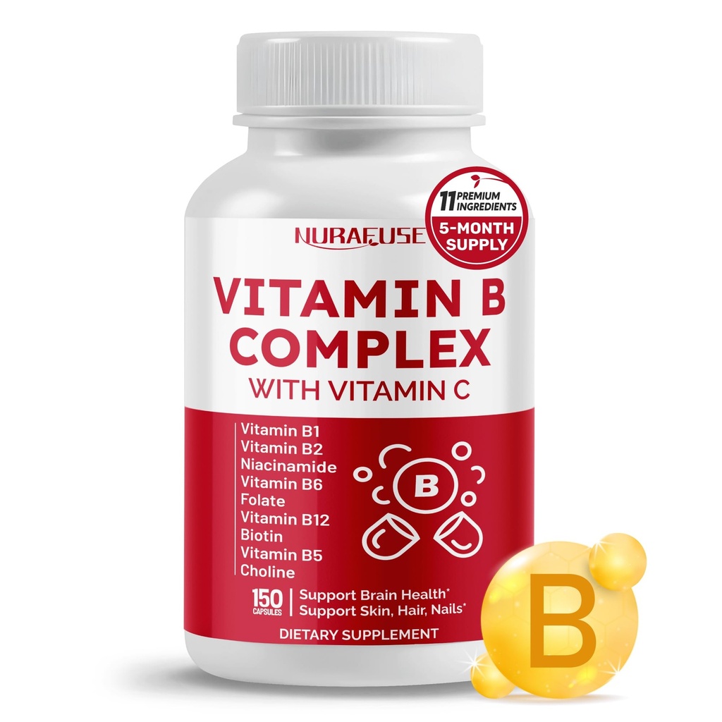 Vitamin B Komplex Vitamin B1, B2, 6,9,12 Niacin, s vitaminem C - Podpora zdraví mozku, energetické hladiny, kůže, vlasy, a nehty - Made and Tested v USA