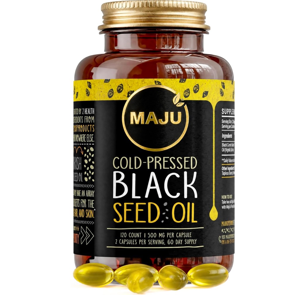 Maju Superfoods Black Seed Oil Capsules, Silný studený tlak, 2% Thymoquinon, 100% Turkian Black Cumin Nigella Sativa Seed Oil, Organic BSO, Liquid Blackseed, 120 Count, 500 mg na kapslí